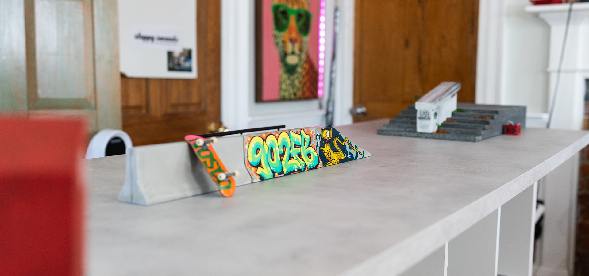 Indoor fingerboard park — close-up of obstacles